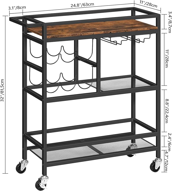 3-Tier Serving Cart with Wheels and Handle, Beverage Cart with Wine Rack and Glass Holders