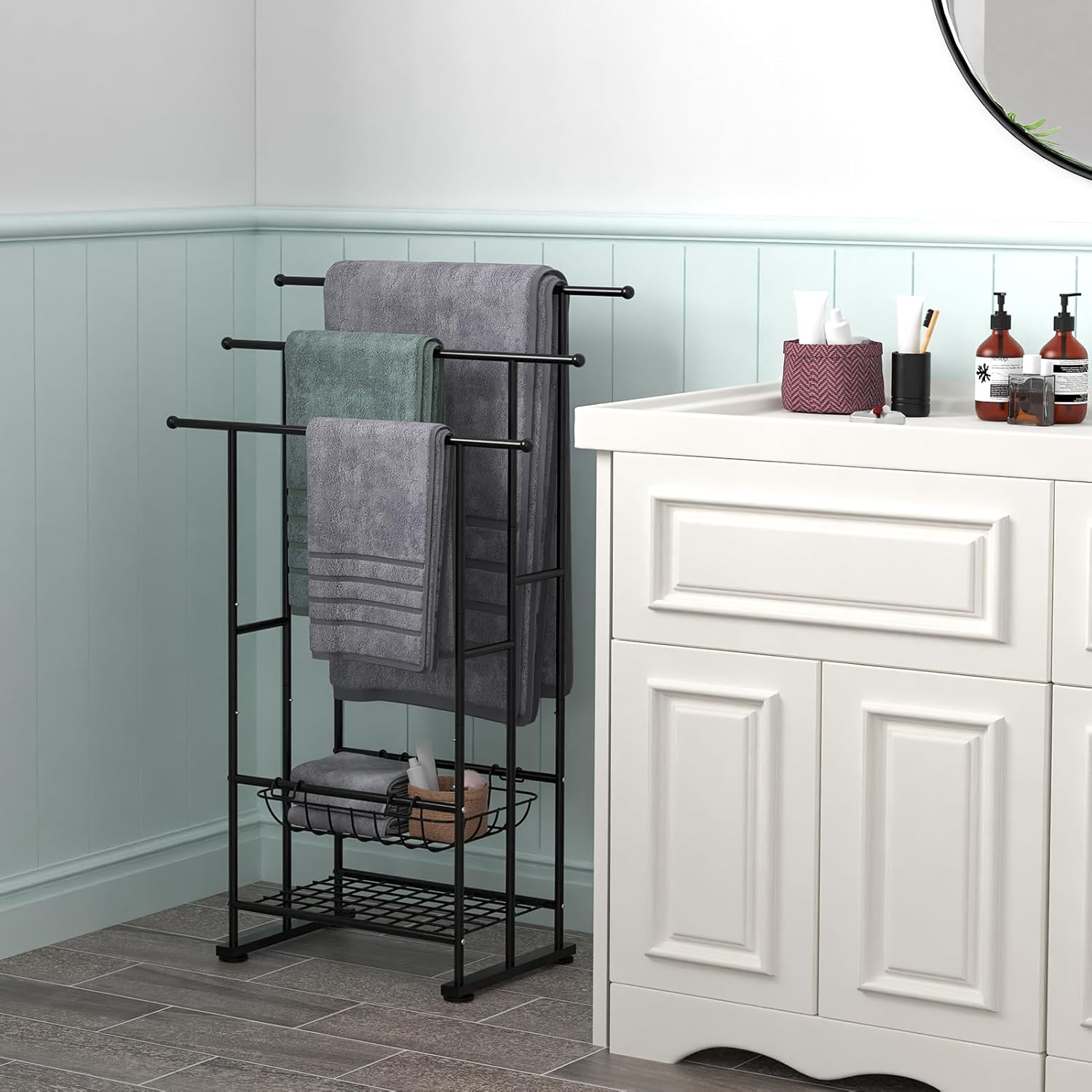 3 Tier Freestanding Towel Rack for Bathroom, 40" Tall Floor Standing Towel Racks with Storage Basket and Shelf