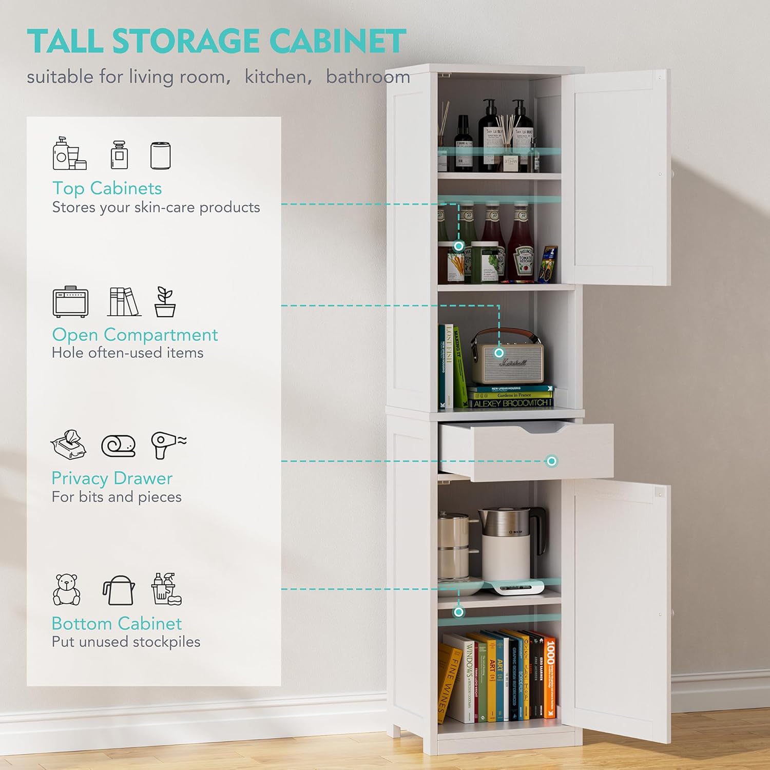 Tall Bathroom Storage Cabinet, 64”H Freestanding Storage Pantry Cabinet, Narrow Cabinet with Adjustable Shelves