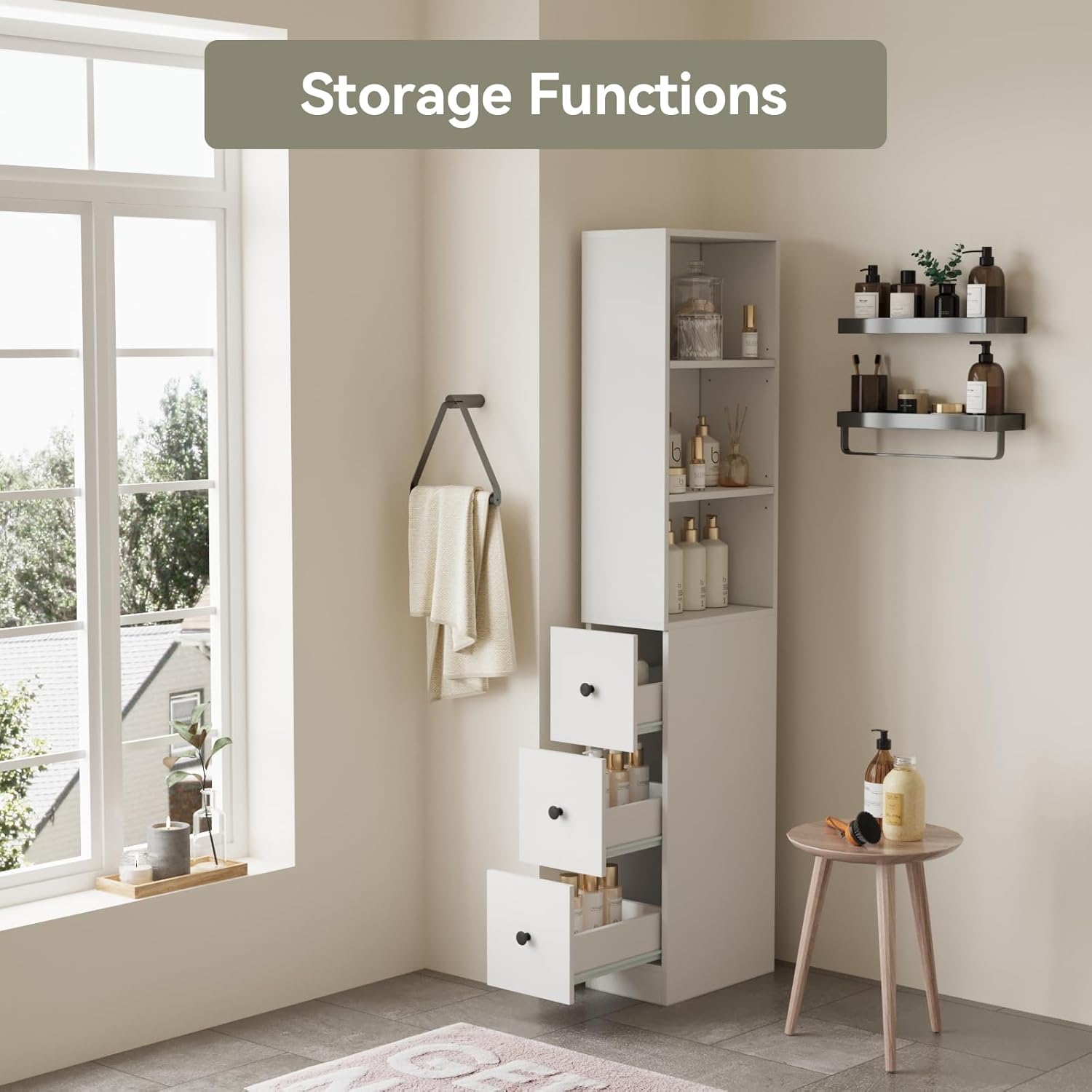 Storage Cabinet Tall Narrow Bathroom with 3-Level Adjustable Shelves Bathroom Cabinets Free Standing Home Space Saver