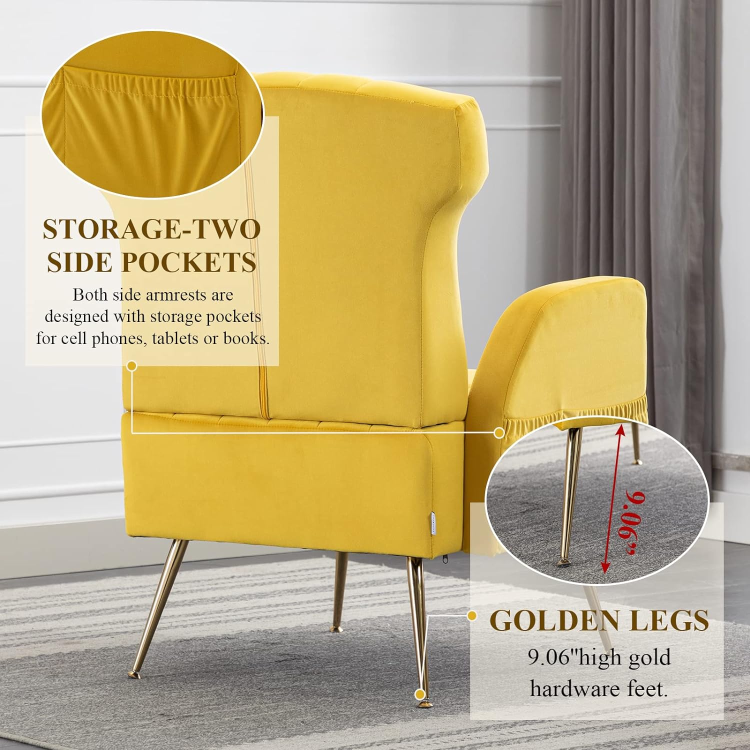 Velvet Wing Back Accent Chair with Metal Gold Legs, Upholstered Armchair, Side Chair, Leisure Single Sofa, Reading Chair for Living Room Bedroom Office (Yellow)