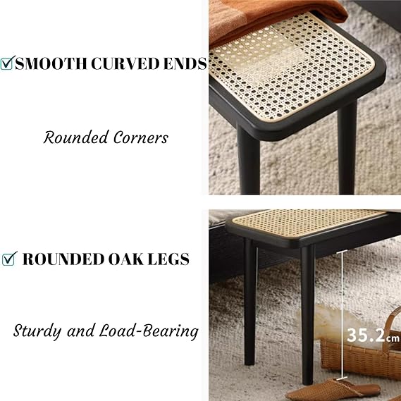 Wood Dining Bench,100% Natural Solid Oak Bed Bench with Rattan Design, Rounded Edge, Bench for Entryway Hall, Dining Room,Bedroom, Living Room (Black Color, 39.37 inch)