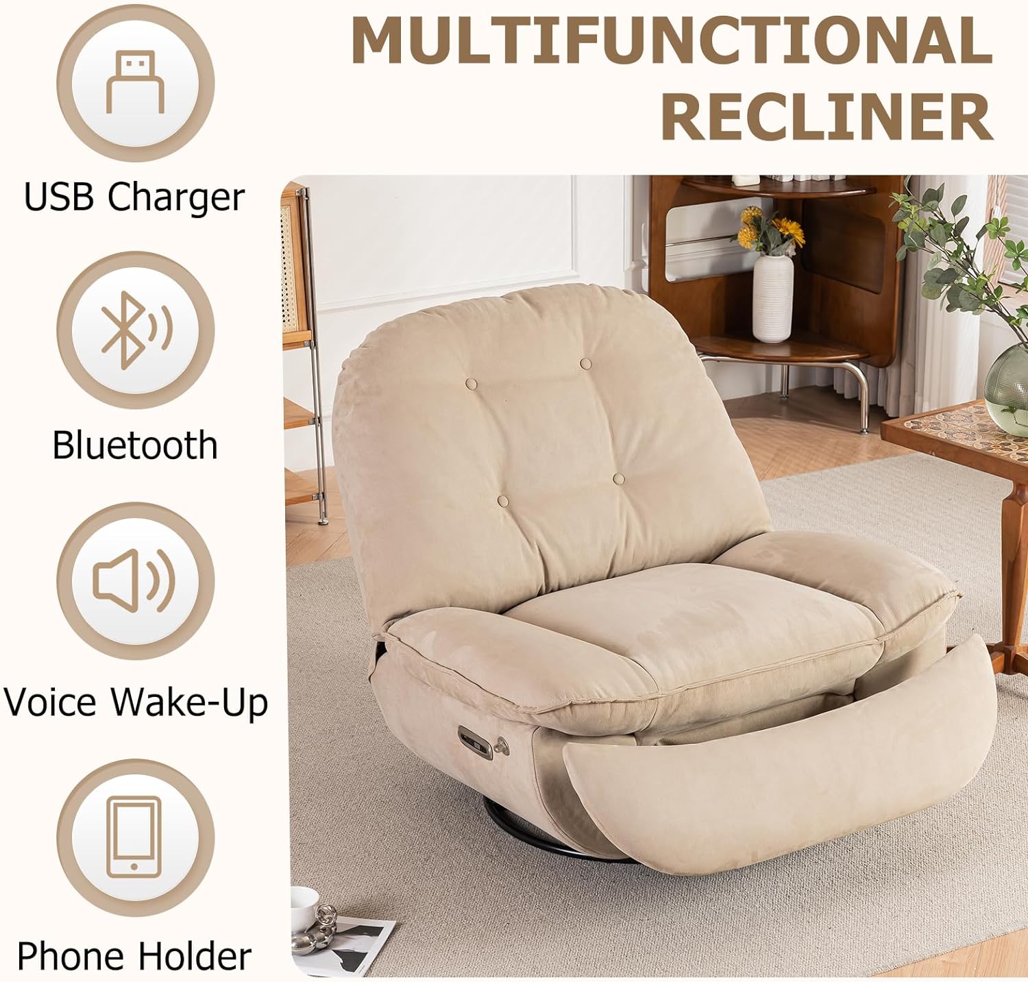 Electronic Recliner, 360 Degree Swivel Glider Rocking Chair with USB Charger, Swivel Single Sofa Seat with Bluetooth, Home Theater Recliner Seat with Phone Holder (Camel)