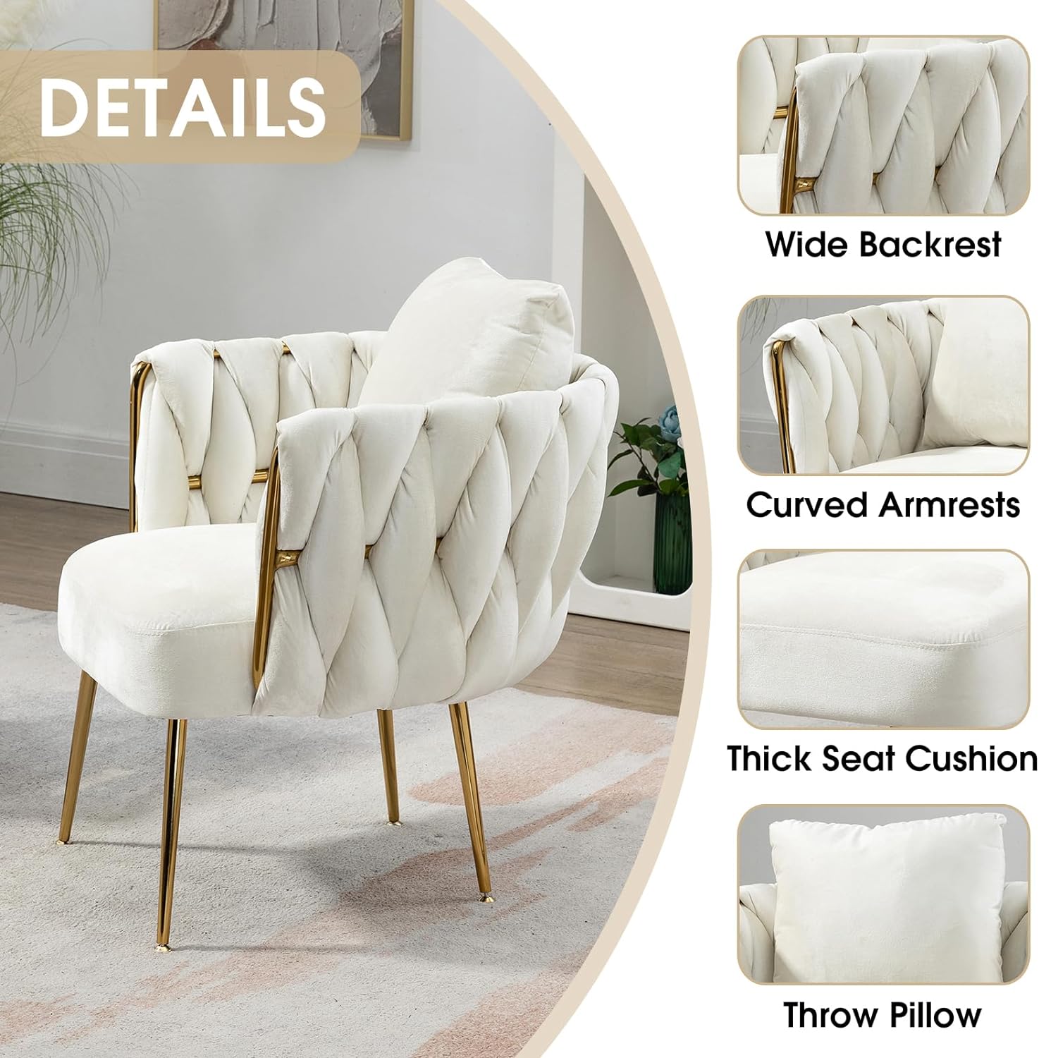 Modern Velvet Accent Chair, Hand Weaving Upholstered Armchair with Throw Pillow, Leisure Single Reading Sofa Chair with Gold Metal Legs for Living Room, Bedroom, Office (Beige )