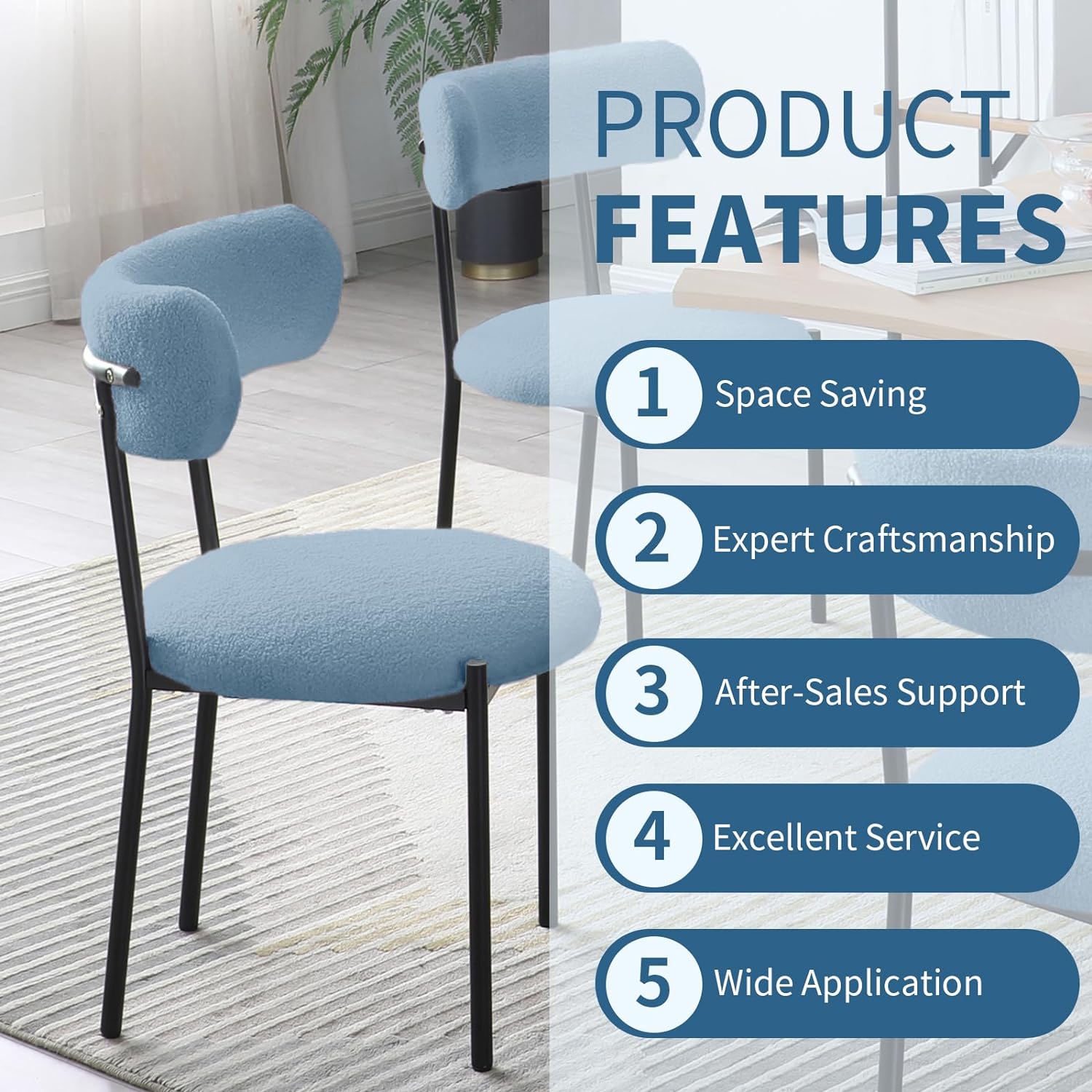 Modern Dining Chairs Set of 4, Boucle Upholstered Chair with Open Back, Side Chair with Metal Legs, Lounge Chair with Round Cushion, Accent Chair for Dining Room (Set of 4, Light Blue)