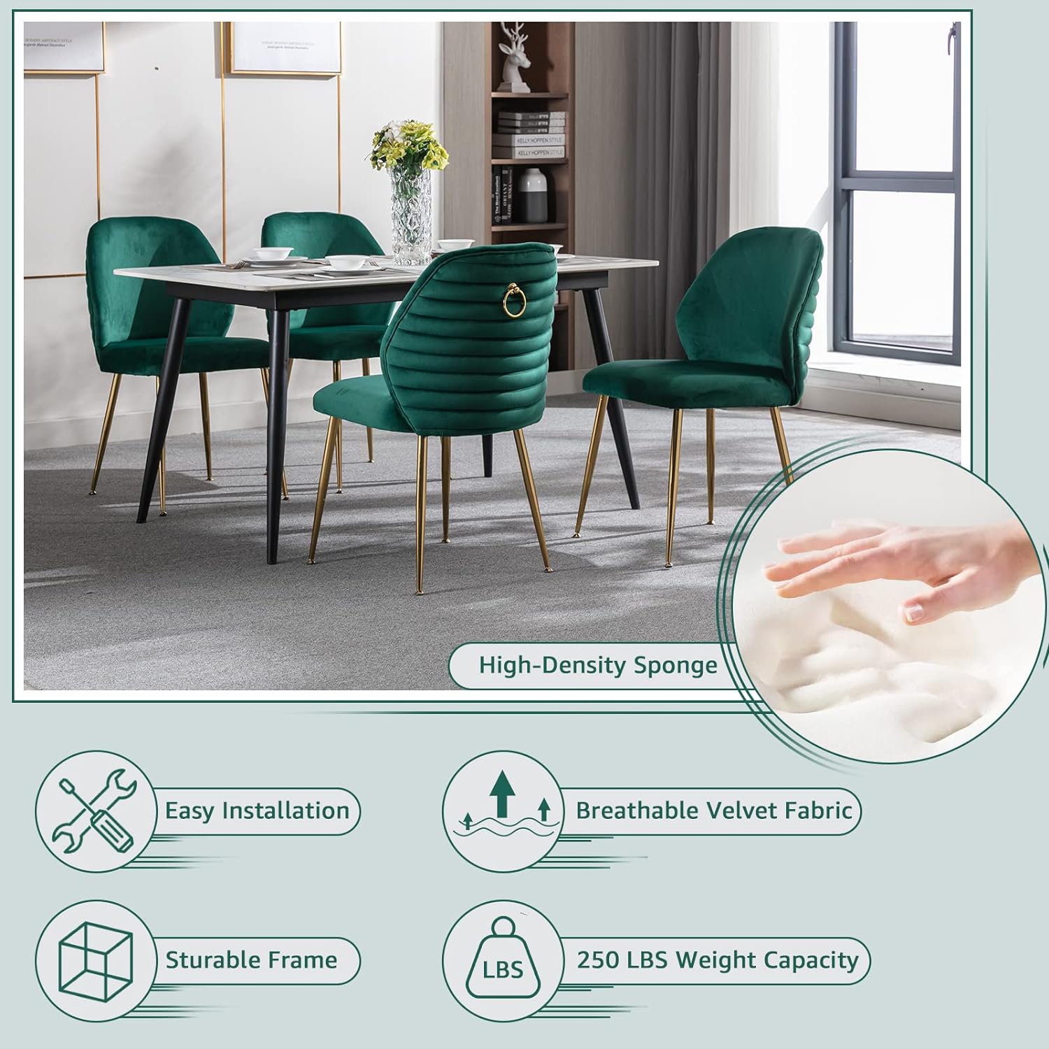 Velvet Dining Chairs Set of 2, Modern Upholstered Accent Chairs, Comfy Tufted Side Chair with Gold Legs and Ring Pull for Kitchen Vanity Living Room Bedrooms (Green)
