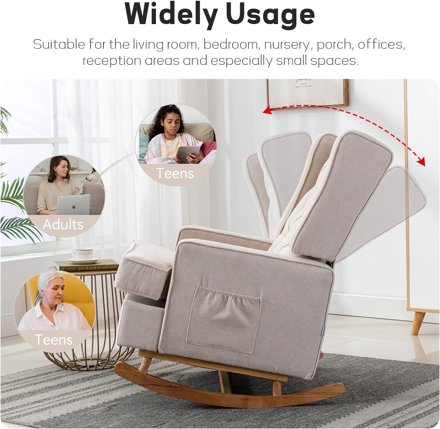 Nursery Rocking Chair Upholstered Rocking Accent Chair Glider Rocker Linen Padded Seat with High Backrest Armchair Comfy Side Chair for Living Room Bedroom Offices (Beige)