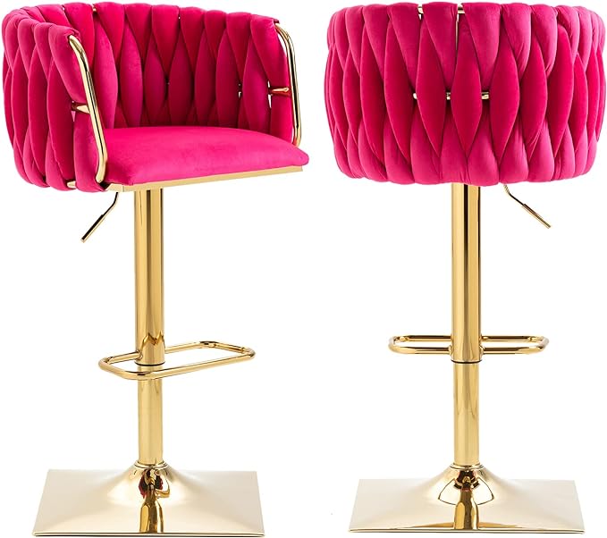 Bar Stools Set of 2 with 360° Swivel Hand Woven Backrest Design Upholstered Adjustable Counter Velvet Bar Stool with Golden Bracket Back and Footrest Bar Chair for Kitchen, Pub (Rose Red)