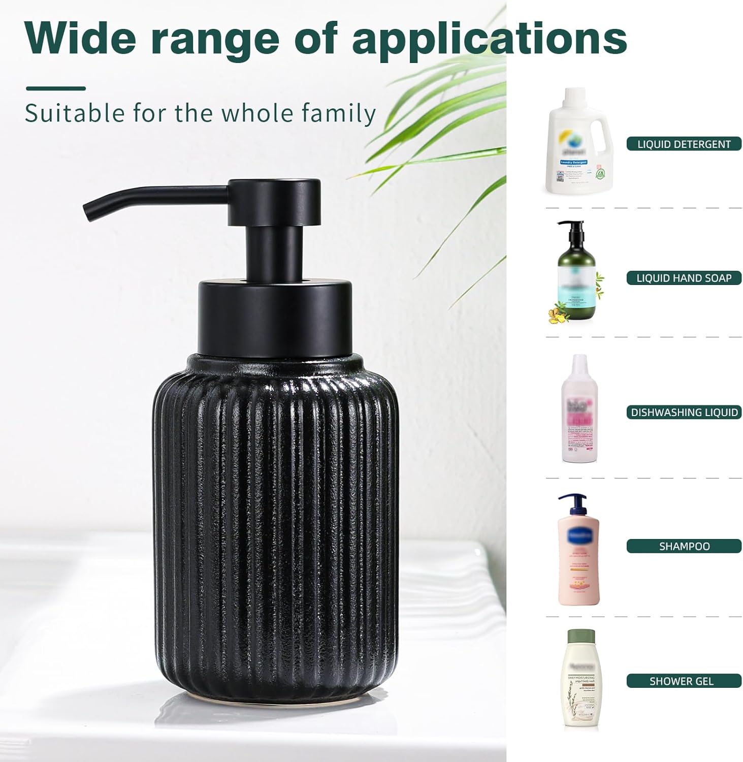Foaming Dish Soap Dispenser Ceramic Hand Soap Dispenser for Kitchen Bathroom Shower, 12OZ Large Capacity Black Foam Soap Dispenser Sink Countertop Decor Vanity