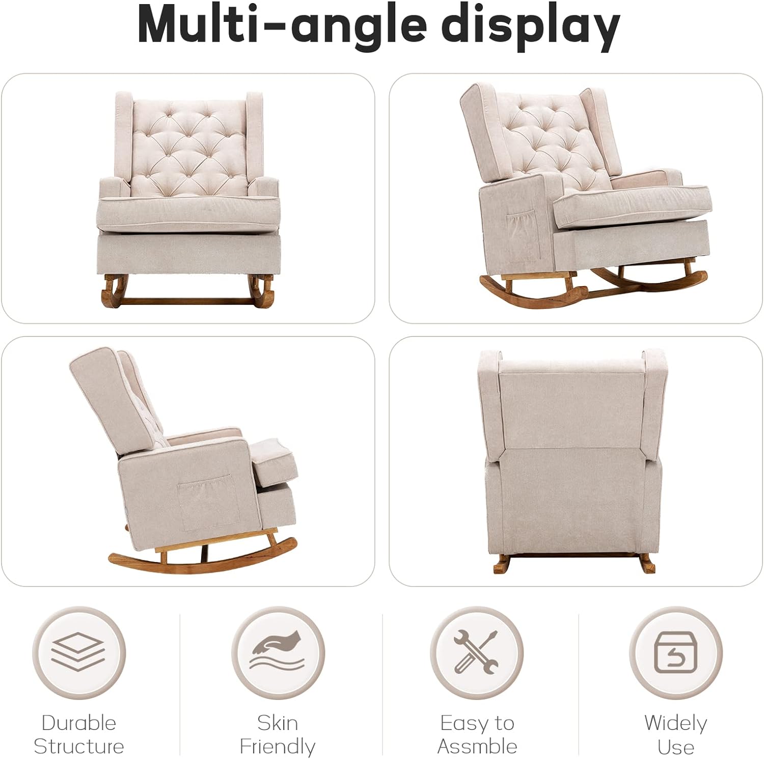 Nursery Rocking Chair Upholstered Rocking Accent Chair Glider Rocker Linen Padded Seat with High Backrest Armchair Comfy Side Chair for Living Room Bedroom Offices (Beige)