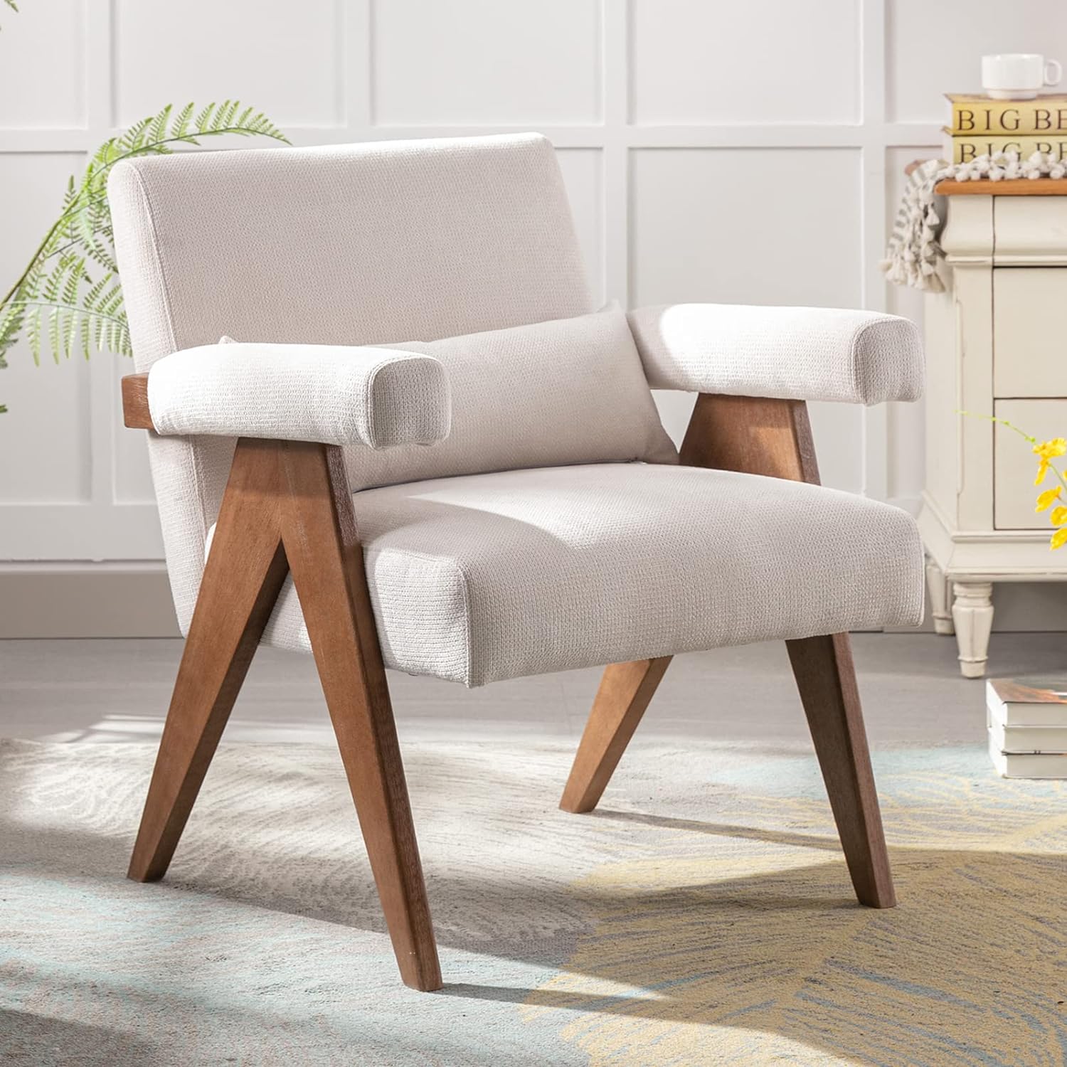 Mid-Century Modern Accent Chair, Solid Wood Arm Chair, Linen Fabric Padded Accent Chair, Reading Chair with Pillow, Upholstered Lounge Chair for Living Room, Bedroom (Cream)