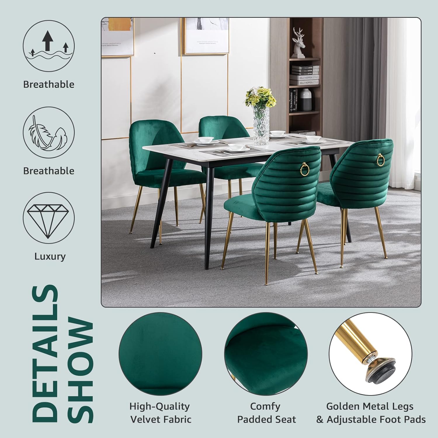 Velvet Dining Chairs Set of 2, Modern Upholstered Accent Chairs, Comfy Tufted Side Chair with Gold Legs and Ring Pull for Kitchen Vanity Living Room Bedrooms (Green)