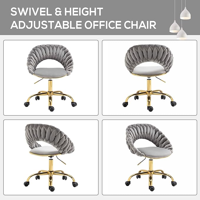 Swivel Velvet Home Office Chair, Upholstered Desk Chair, Modern Accent Armchair, Tufted Computer Task Stools with Gold Base for Girls, Women, Study, Living Room (Grey)