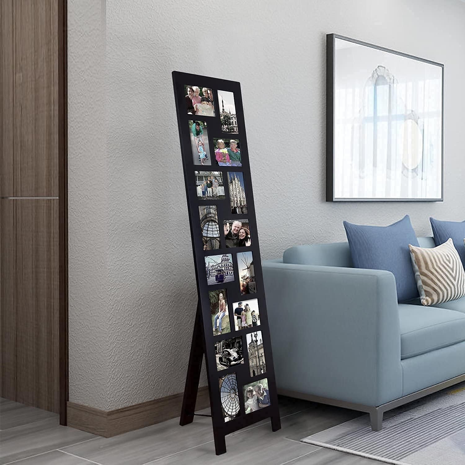 Wood Screen Style Collage Picture Photo Frame, 16 Opening Decorative Floor Standing Easel Photo Frame