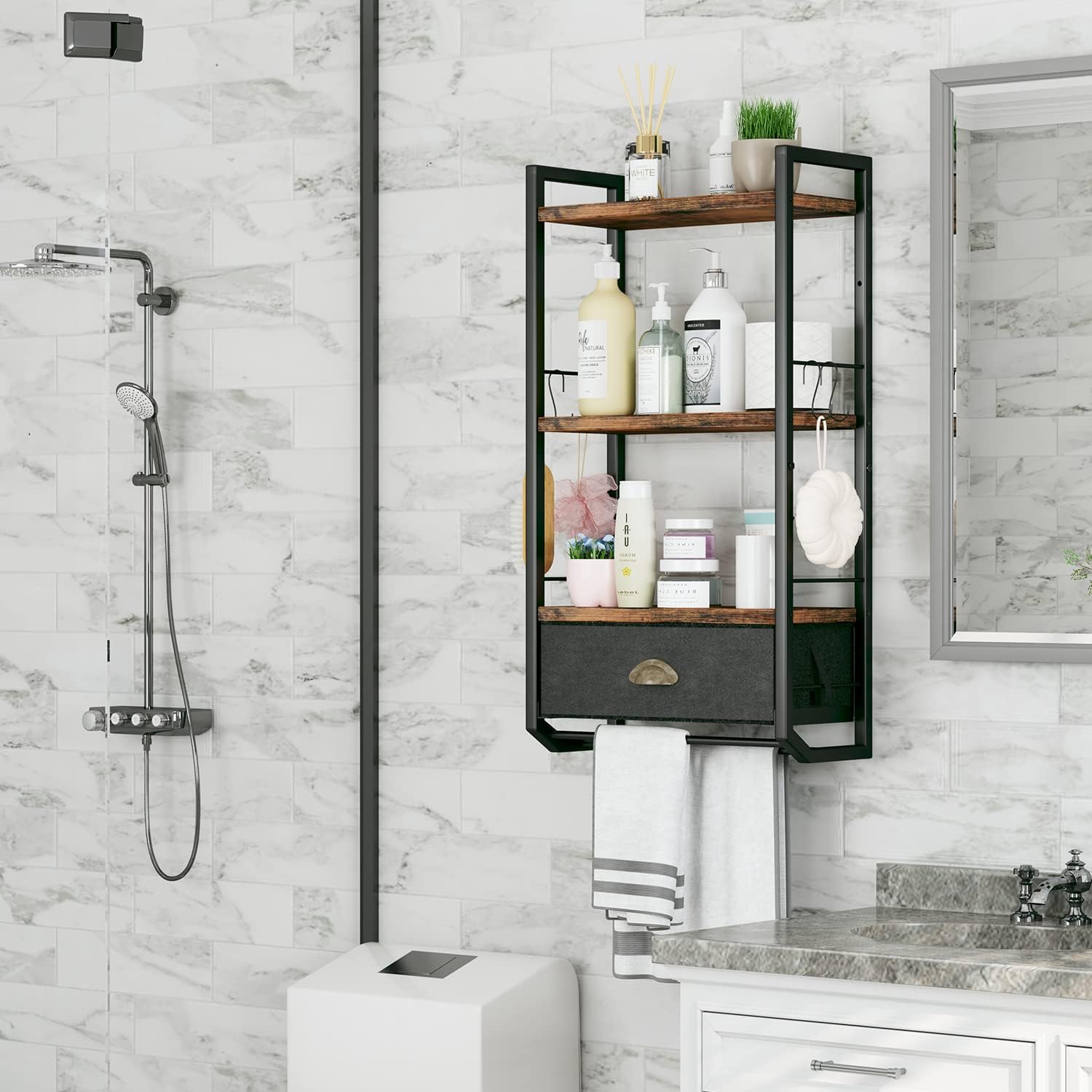 Bathroom Storage Organizer Wall Mounted, 3 Tier Bathroom Towel Rack Shelf with Storage Drawer Double Towel Bars and Hooks