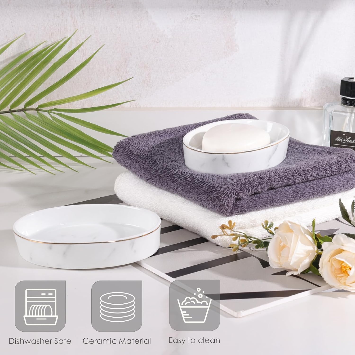 Ceramic White Marble Soap Holder Soap Bar Holder, Oval Soap Dish for Shower Bathroom Kitchen Sink, Easy Clean