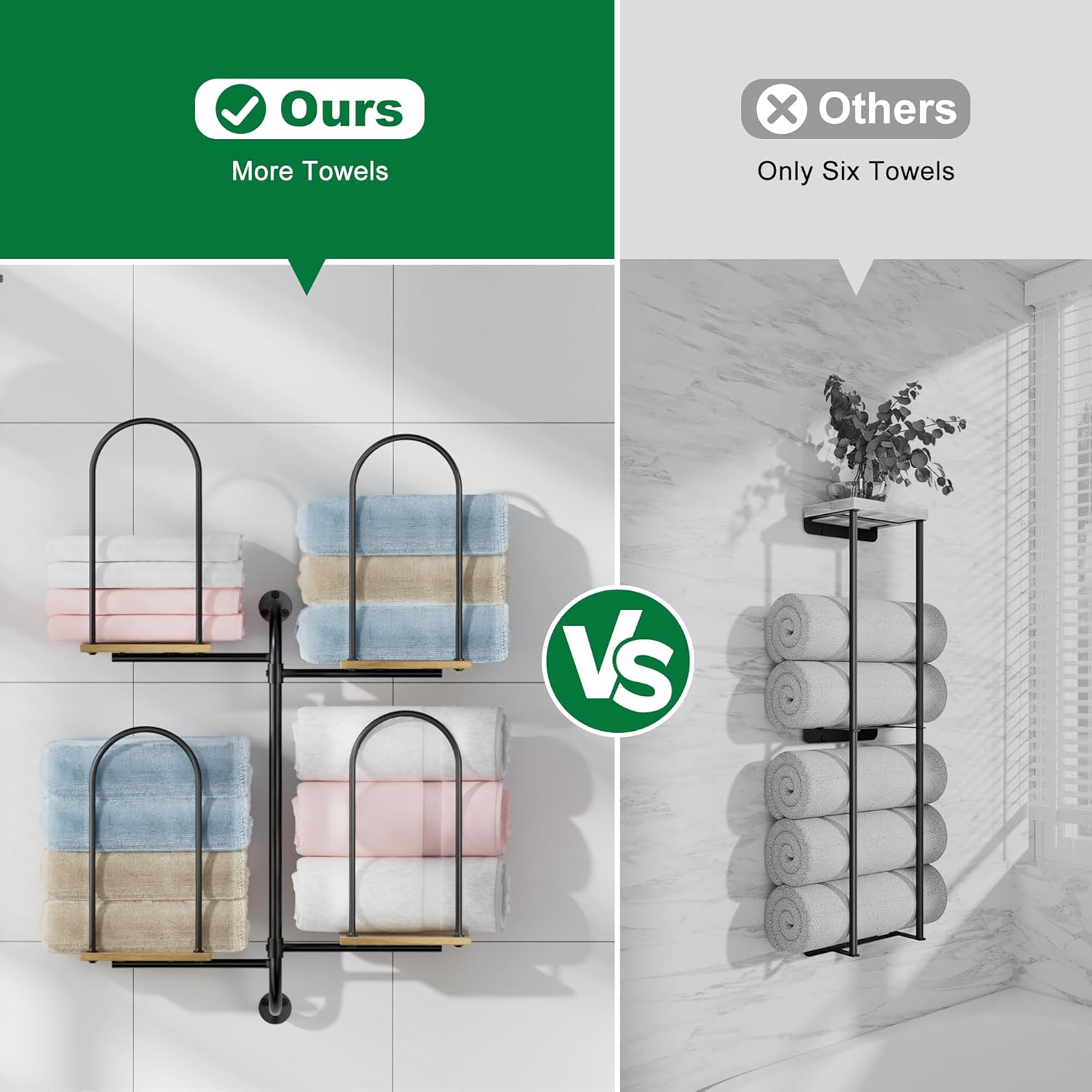 Towel Rack for Bathroom, Large Capacity Towel Holder for Bathroom Wall, Sturdy Wood for Rolled & Folded Towels