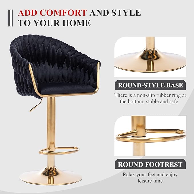 Velvet 360° Swivel Bar Stools with Hand Woven Backrest Design Upholstered Adjustable Counter Bar Stool with Golden Bracket Back and Footrest Bar Chair for Kitchen, Pub (1, Black)