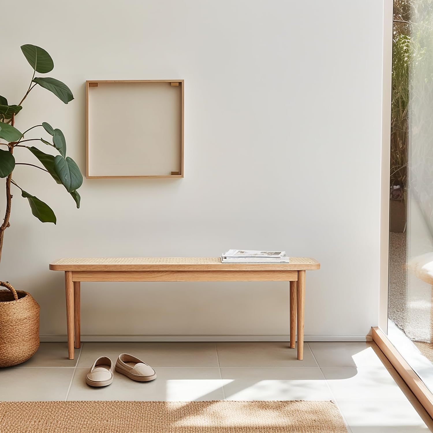 Wood Dining Bench,100% Natural Solid Oak Bed Bench with Rattan Design, Rounded Edge, Bench for Entryway Hall, Dining Room,Bedroom, Living Room (Natural Color, 39.37 inch)
