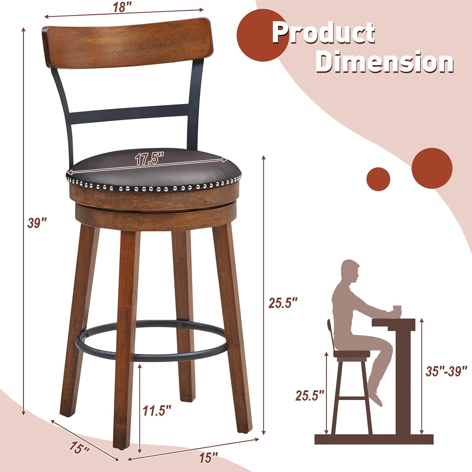 Bar Stools Set of 2-25.5" Counter Height Swivel Rubber Wood Barstools with Soft Padded Seat Cushions, Footrests, Easy Assembly Armless Farmhouse Kitchen Island Bar Chairs with Back, Brown