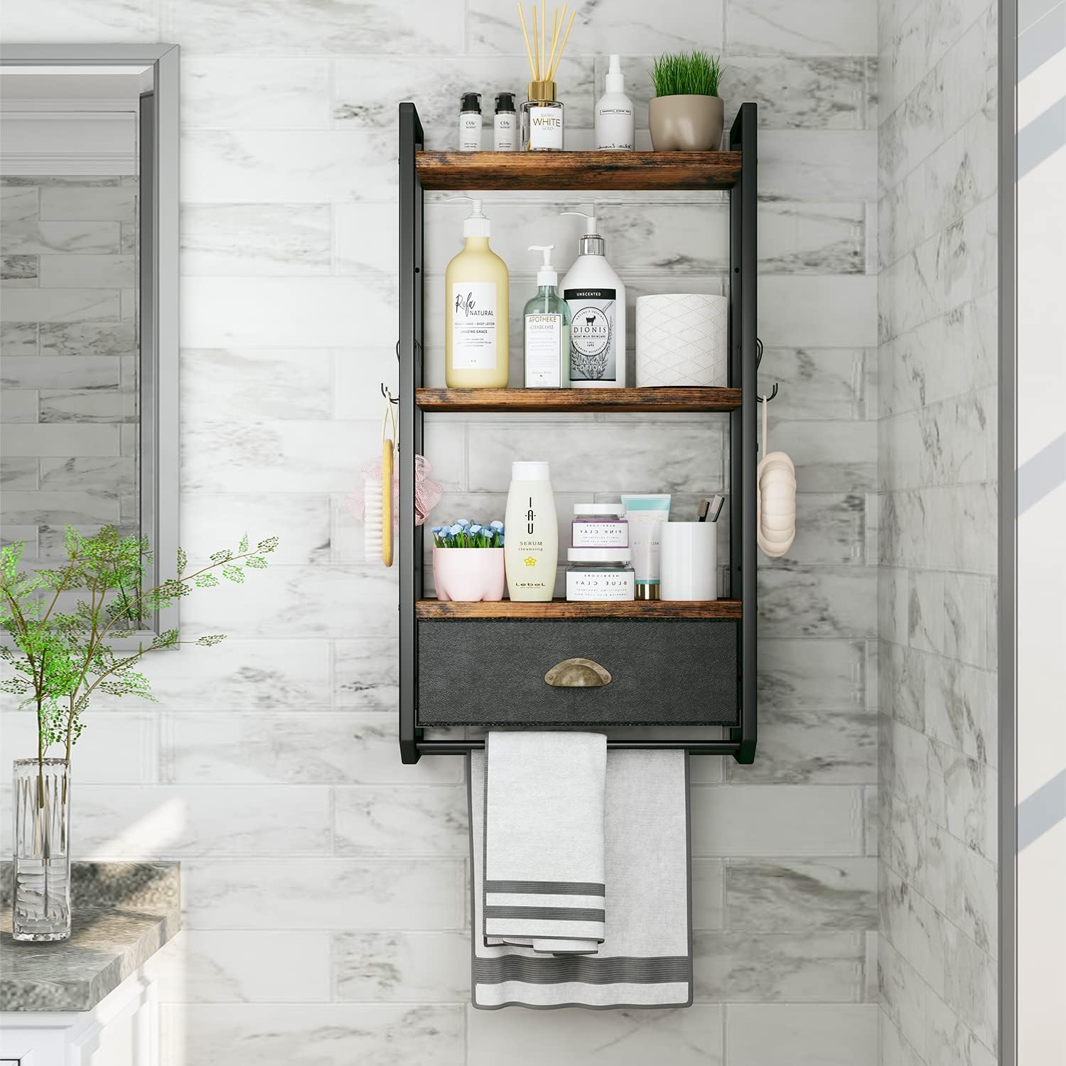 Bathroom Storage Organizer Wall Mounted, 3 Tier Bathroom Towel Rack Shelf with Storage Drawer Double Towel Bars and Hooks