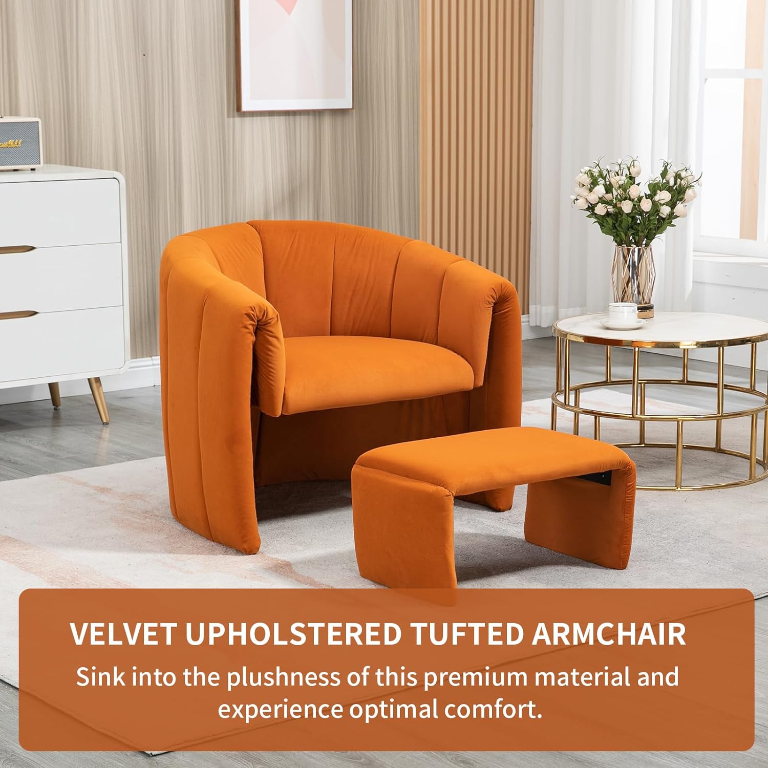 Modern Accent Chair with Ottoman, Velvet Upholstered Tufted Leisure Armchair, Single Sofa Reading Chair for Living Room, Bedroom, Office, Lounge (Orange)