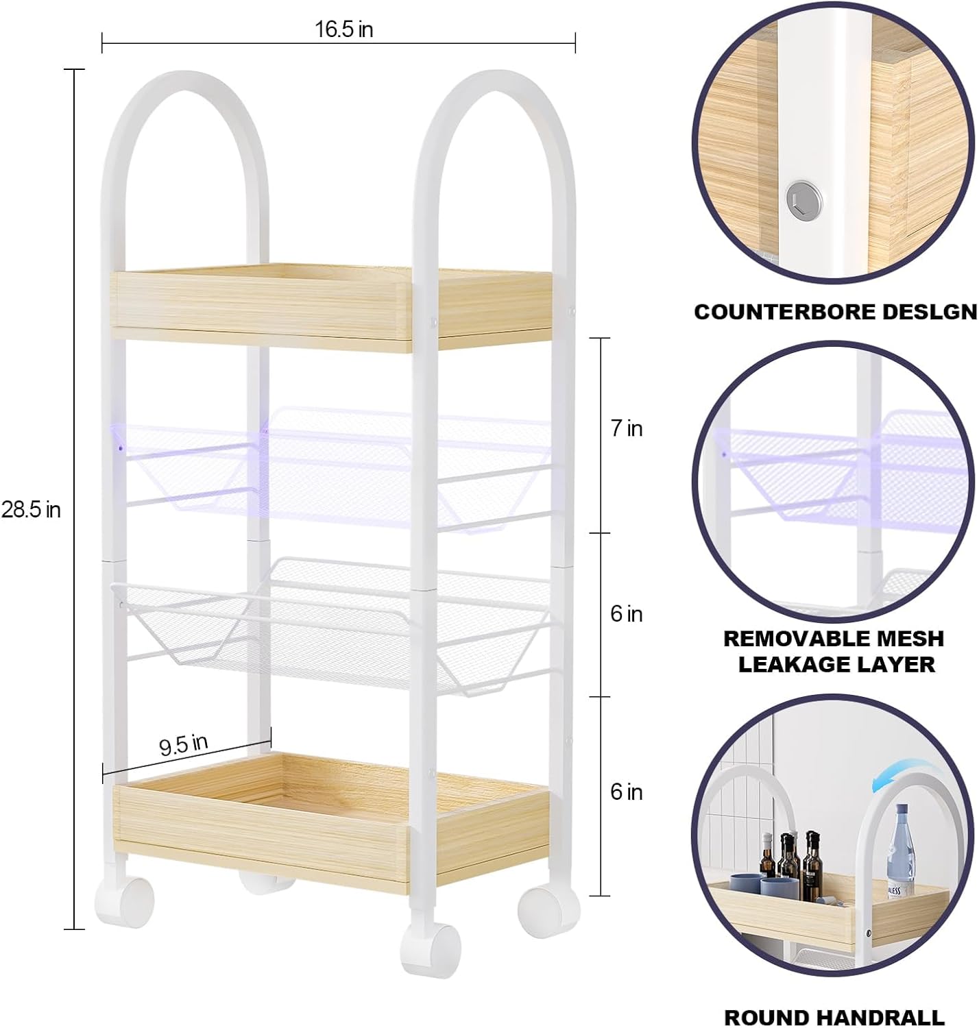 Small Bathroom Storage Cart Organizer - 4-Tier Narrow Rolling Cart Organizer with Wheels,2 Metal Basket,2 Wooden Tray