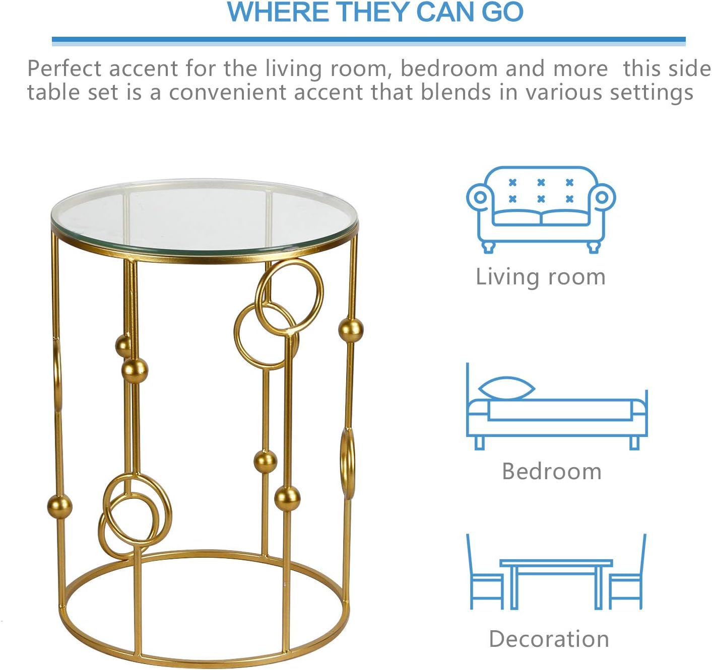 Neting Accent, Decrorative Glass Top Side, End, Set of 2 Round Nesting Tables