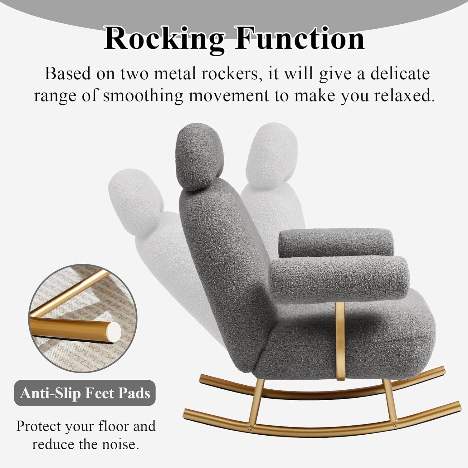 Nursery Rocking Chair, Modern Sherpa Upholstered Fabric Glider Rocker, Rocking Chair for Nursery, Comfy Armchair with High Backrest, Leisure Sofa Chair for Living Room Bedroom (Grey)
