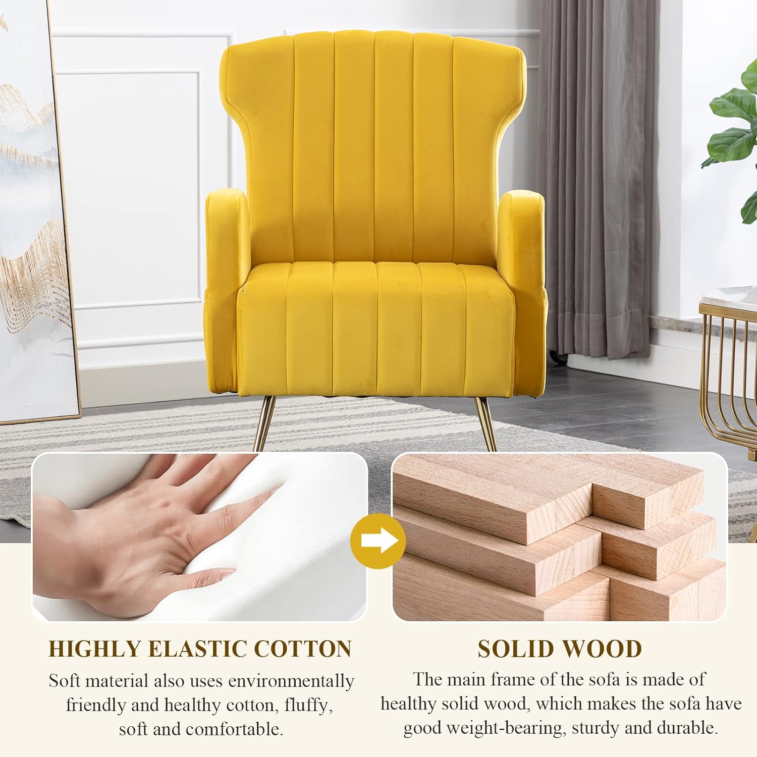 Velvet Wing Back Accent Chair with Metal Gold Legs, Upholstered Armchair, Side Chair, Leisure Single Sofa, Reading Chair for Living Room Bedroom Office (Yellow)