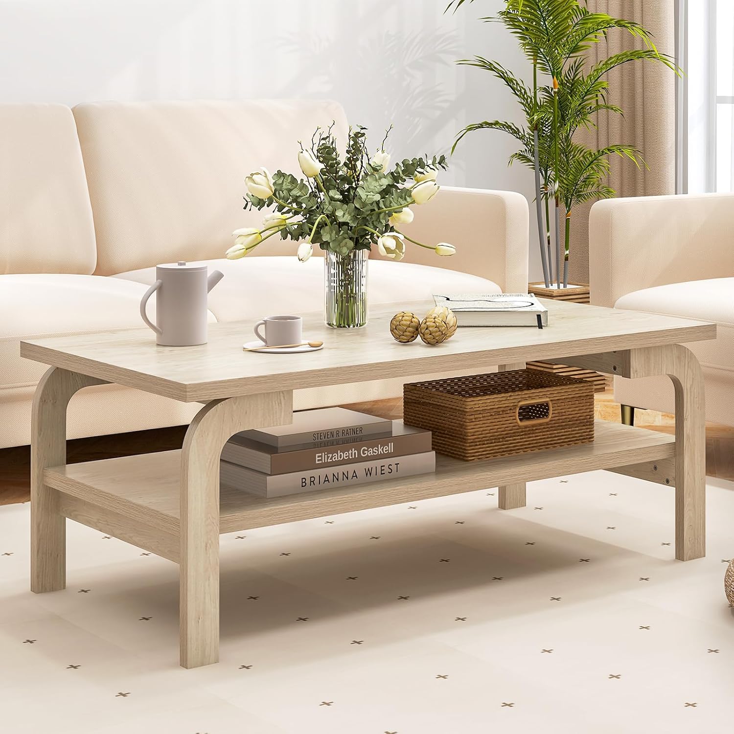 2-Tier Coffee Table with Storage, 47” Mid Century Rectangle Accent Table with Open Shelf, Large Tabletop & Curved Legs