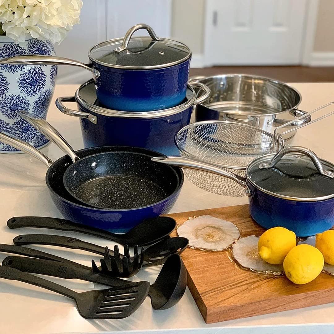 Kitchen Cookware Sets - 15 Piece Nonstick Pots and Pans Sets with Granite Hammered for Induction & Dishwasher Safe, Oven, Stovetop, Blue