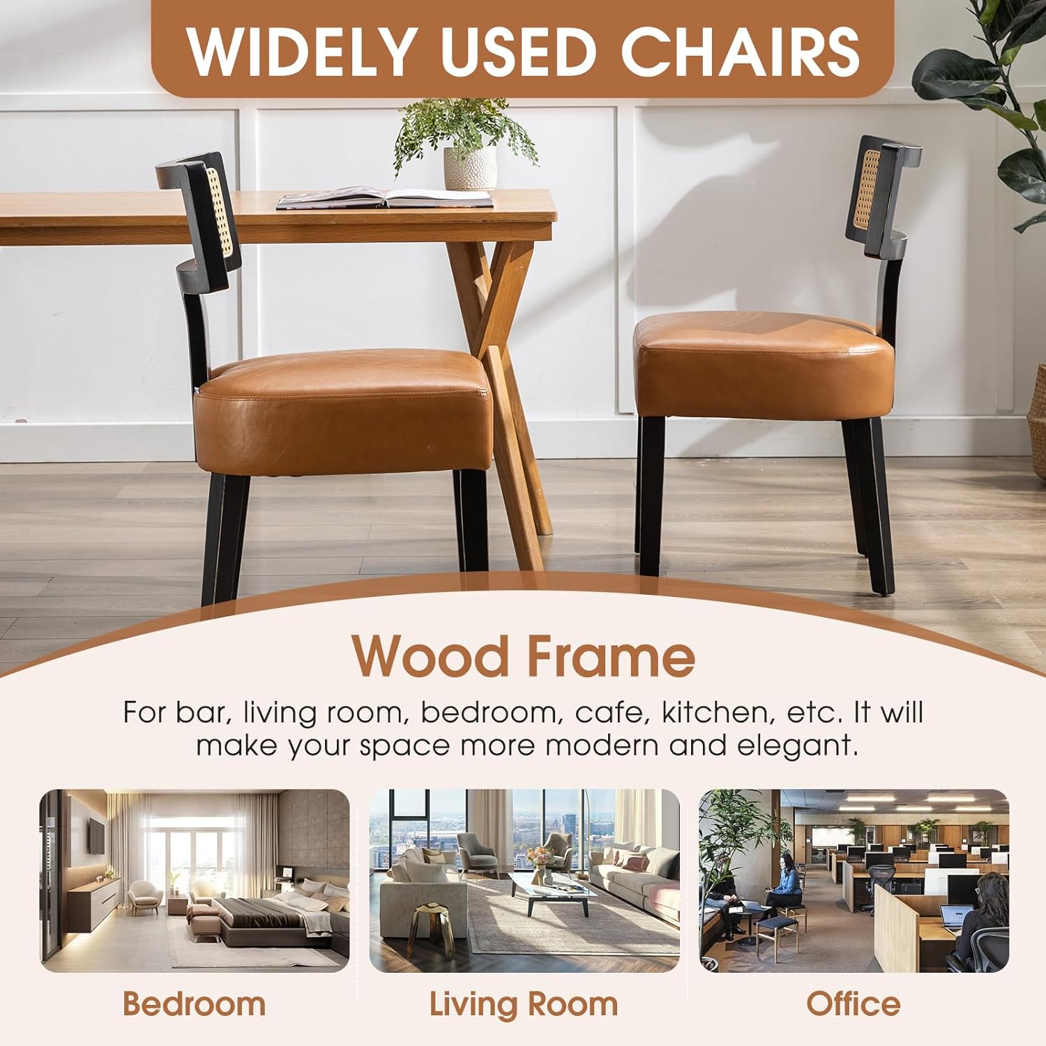 PU Leather Dining Chairs Set of 2, Modern Accent Chairs with Rattan Backrest, Armless Mesh Back Chairs, Leisure Lounge Chairs for Living Room, Dining Room (Brown PU)