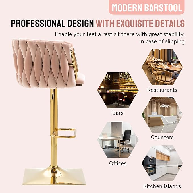 Bar Stools Set of 2 with 360° Swivel Hand Woven Backrest Design Upholstered Adjustable Counter Velvet Bar Stool with Golden Bracket Back and Footrest Bar Chair for Kitchen, Pub (Pink)
