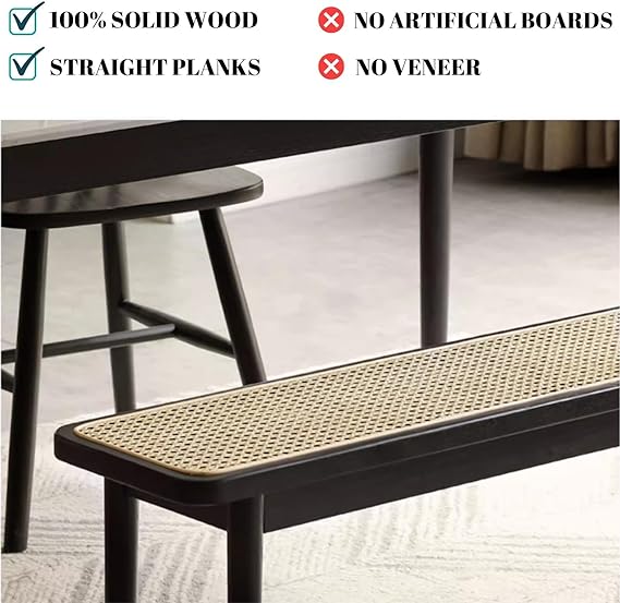 Wood Dining Bench,100% Natural Solid Oak Bed Bench with Rattan Design, Rounded Edge, Bench for Entryway Hall, Dining Room,Bedroom, Living Room (Black Color, 39.37 inch)