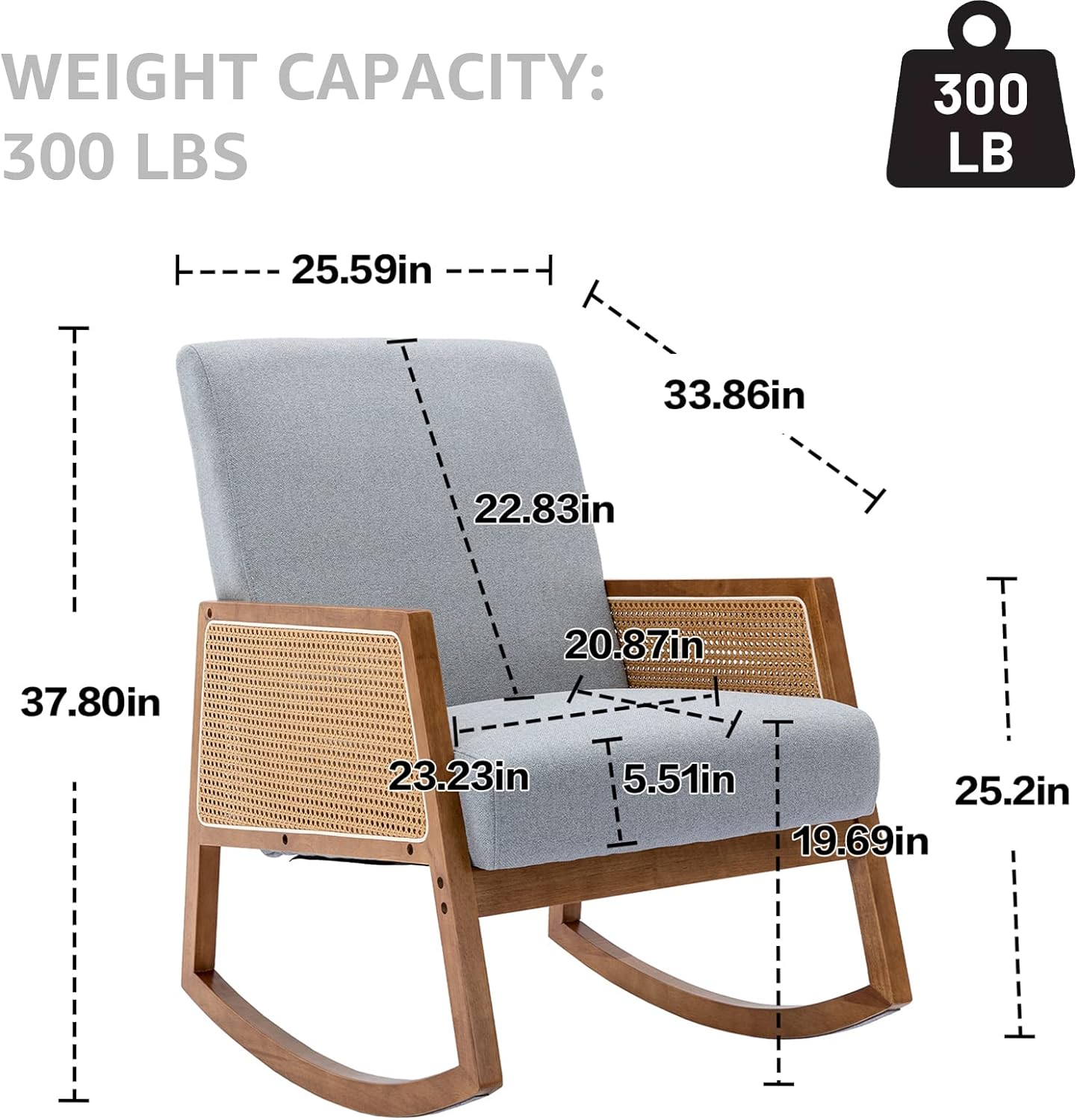 Nursery Rocking Chair with Wood Frames, Mid Century Upholstered Farmhouse Living Room Armchair, Comfy Glider Rocker for Nursery Living Room Bedroom Reading Indoor (Light Grey)