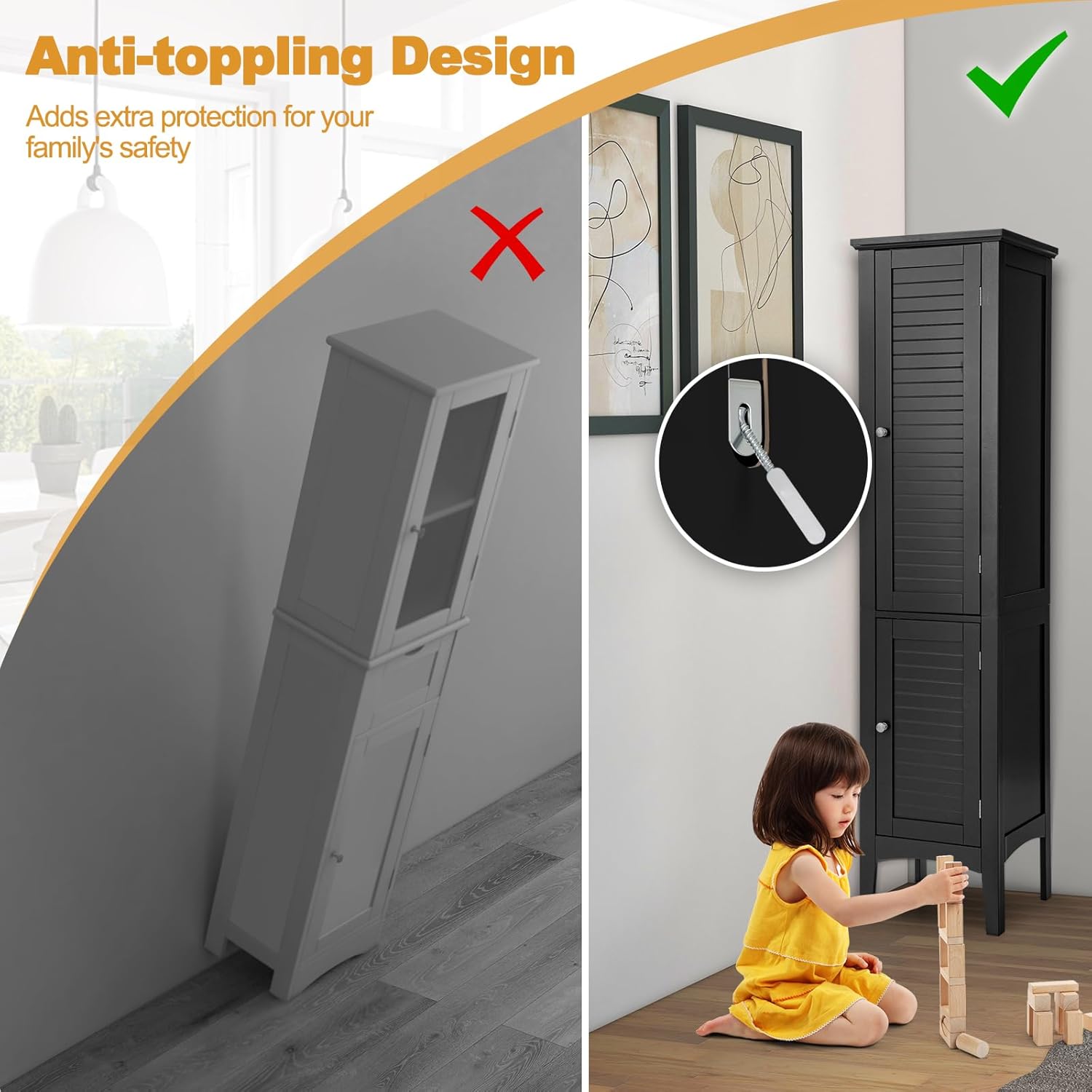 Tall Bathroom Storage Cabinet, 5-Tier Freestanding Linen Tower Cabinet with 2 Doors, Wooden Side Storage Organizer