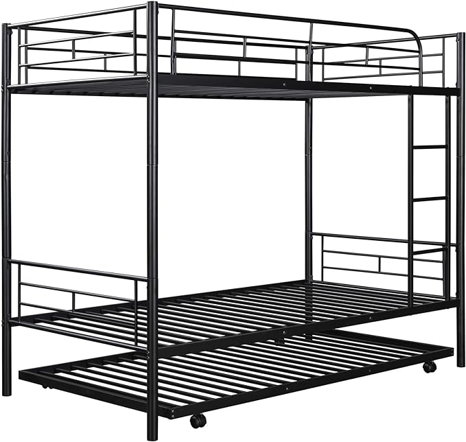 Metal Bunk Bed with Trundle Twin Over Twin Bunk Bed Frame with Ladder and Safety Rails for Kids Triple Metal Bunk Can be Divided into Two beds, Black