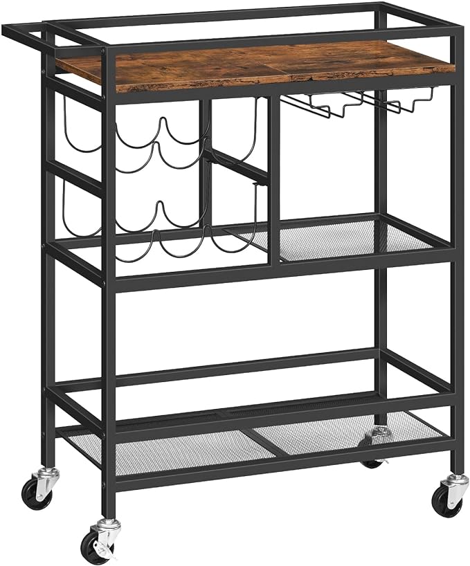 3-Tier Serving Cart with Wheels and Handle, Beverage Cart with Wine Rack and Glass Holders