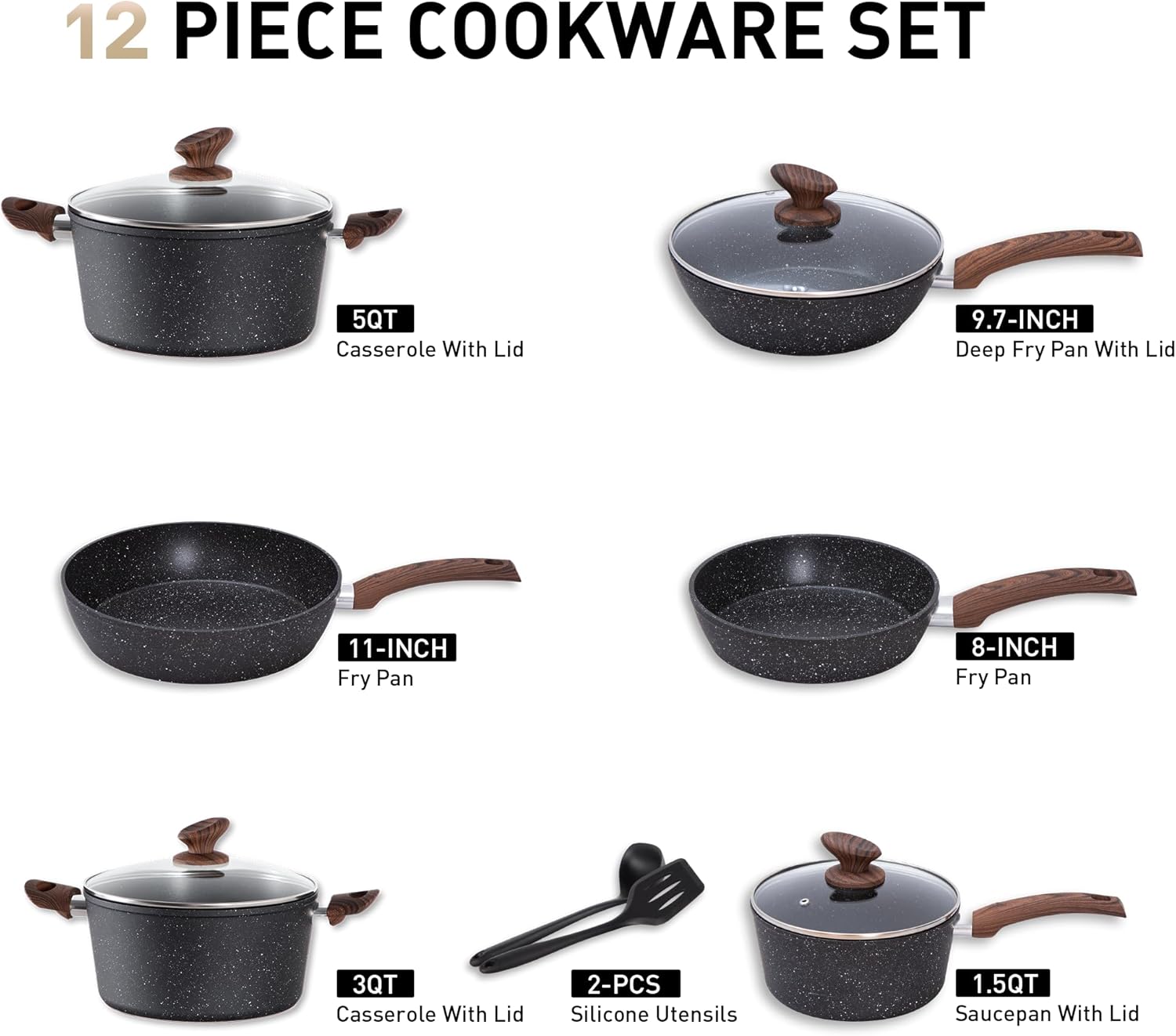 Pots and Pans Set Non Stick, 12 Piece Kitchen Cookware Sets, Black Granite Induction Compatible Cookware Set, Pot and Pan Sets for Cooking Nonstick