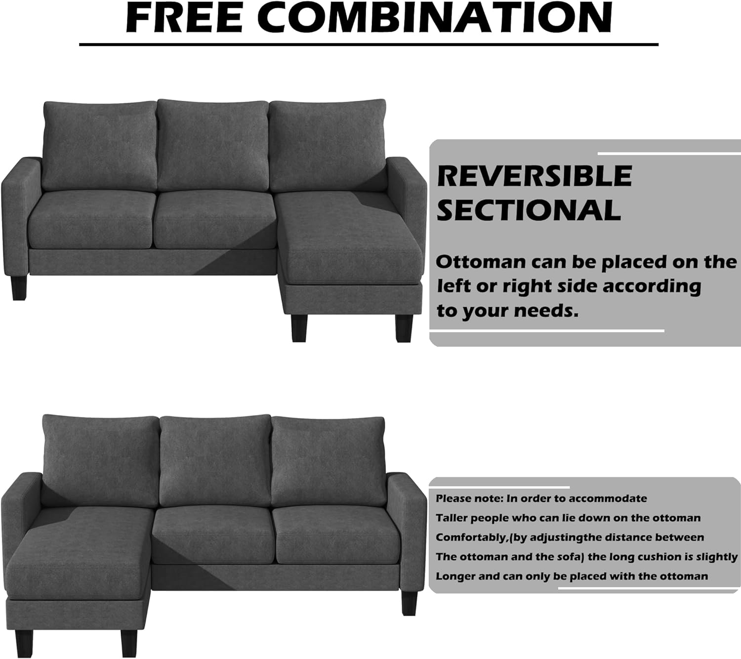 Convertible Sectional 3 L-Shaped Couch Soft Seat with Modern Linen Fabric, Space-Saving Sofas for Living Room, Apartment and Office, 70'', Dark Gray