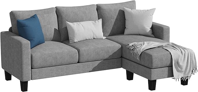 Convertible Sectional 3 L-Shaped Couch Soft Seat with Modern Linen Fabric, Small Space Sofas for Living Room, Apartment and Office, 70'', Gray