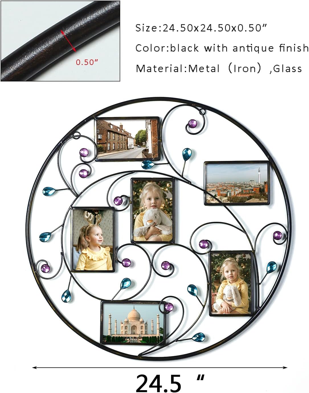 Metal Photo Frame Decorative Cystal Wall Hanging Collage Picture Frame with 6 Openings