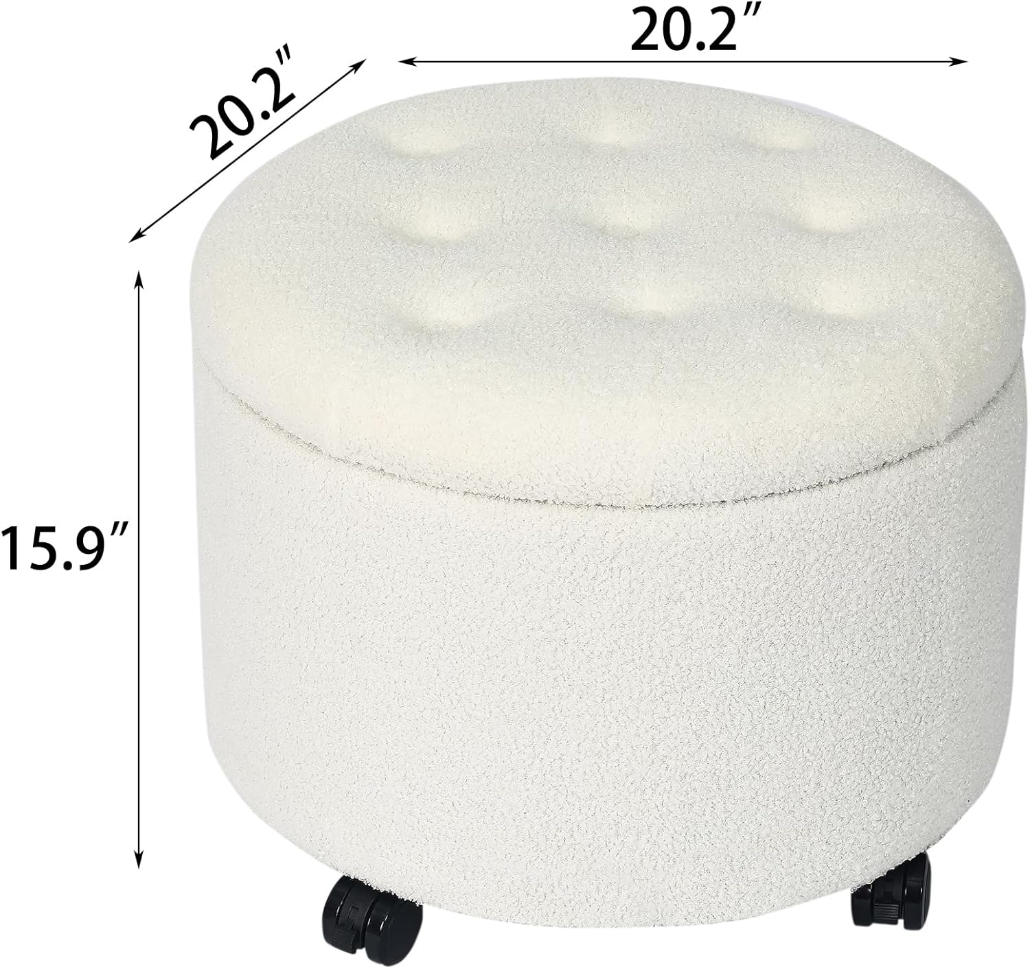 20" Teddy Fleece Round Storage Ottoman with Wheels, Upholstered Cushion Button Tufted Footstool with Storage