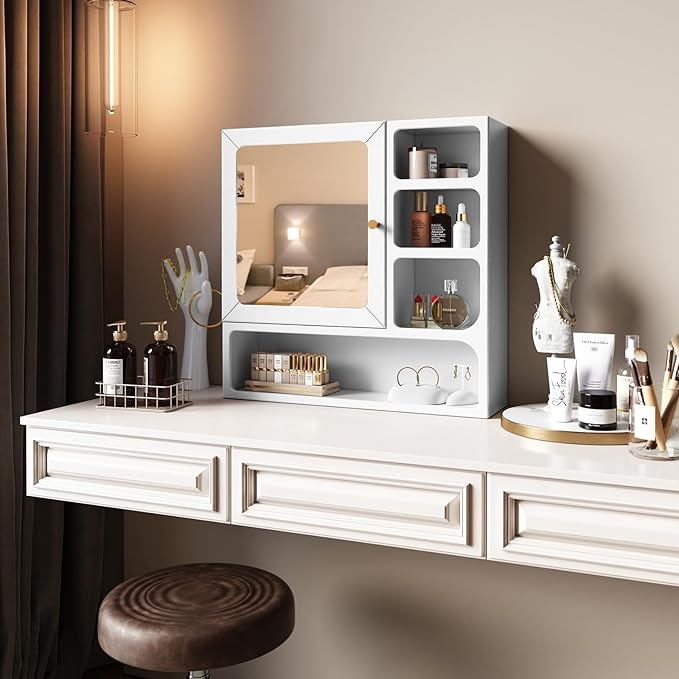 24" Bathroom Medicine Cabinet with Mirror, Wall Bathroom Storage Cabinet with Mirror Door and 4 Open Shelves