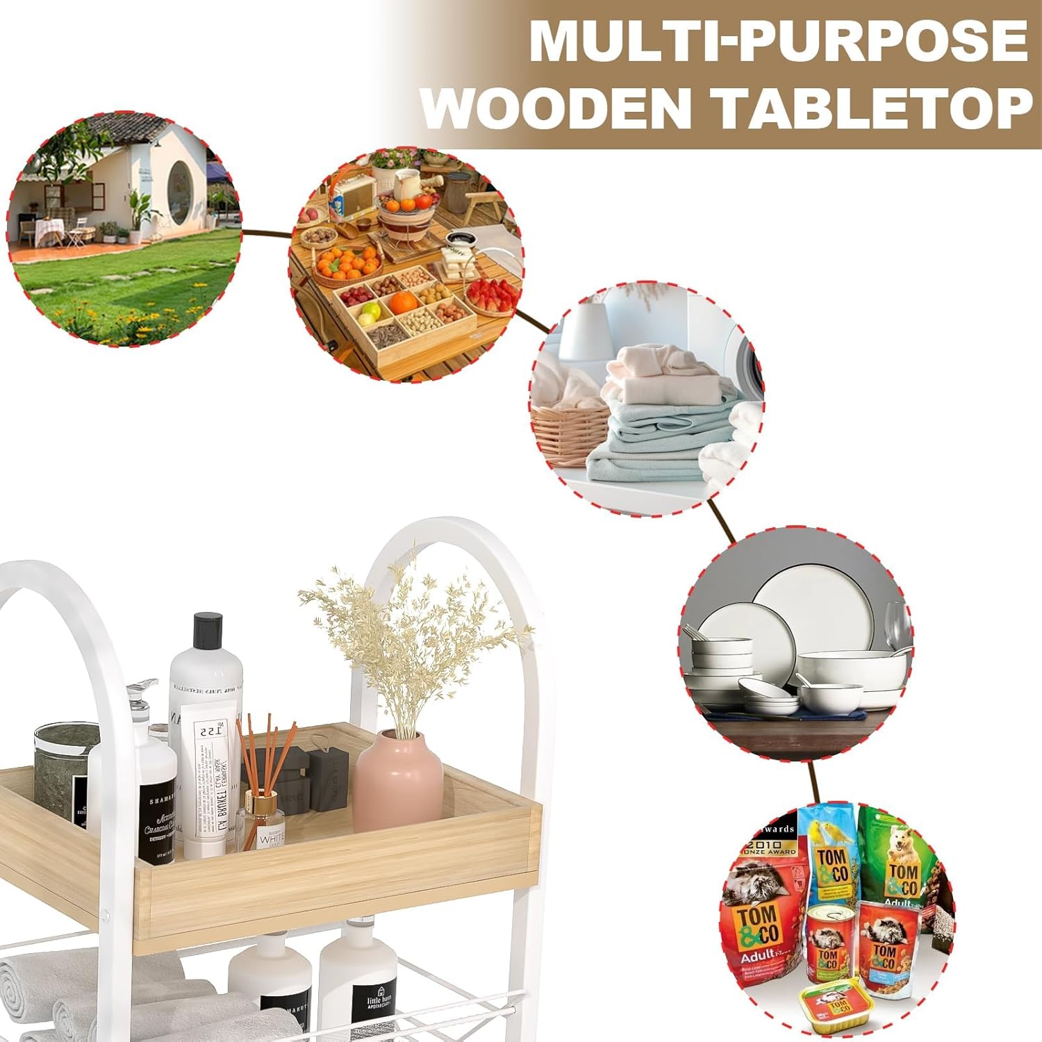 Small Bathroom Storage Cart Organizer - 4-Tier Narrow Rolling Cart Organizer with Wheels,2 Metal Basket,2 Wooden Tray