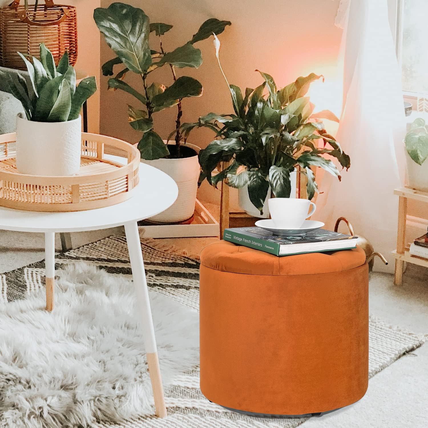 14.6" Orange Round Storage Tufted Ottomans with Removable Lid