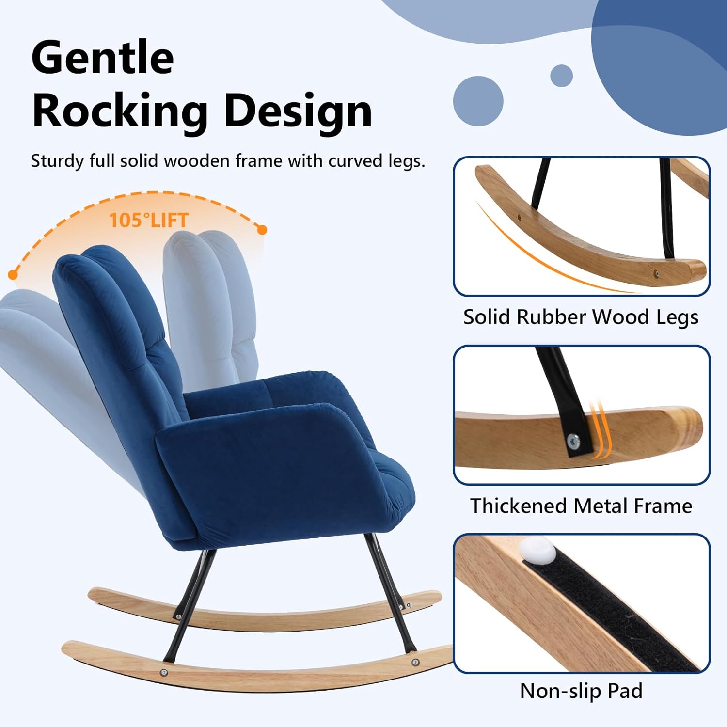 Nursery Rocking Chair Teddy Upholstered Glider Rocker Rocking Accent Chair Padded Seat with High Backrest Armchair Comfy Side Chair for Living Room Bedroom Offices (Blue Velvet)