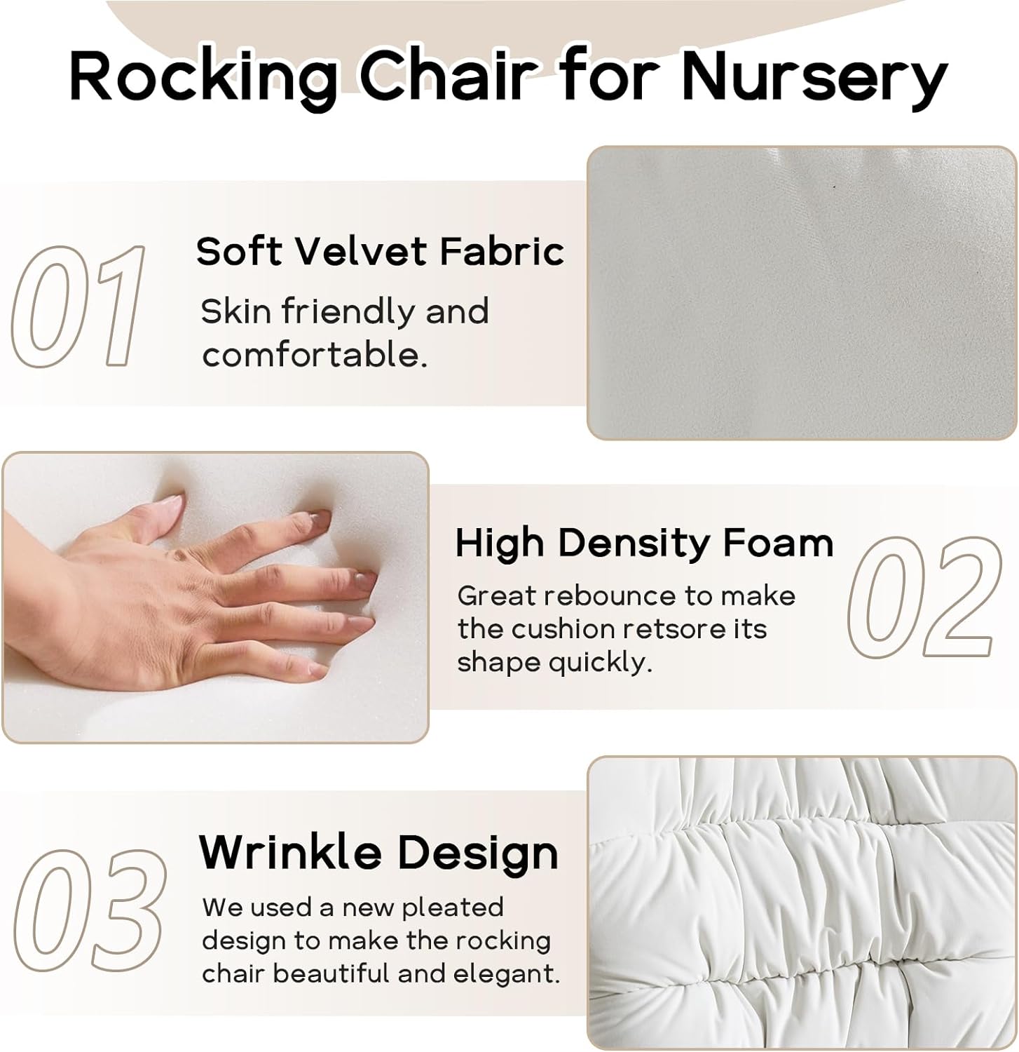 Nursery Rocking Chair, Velvet Upholstered Glider Rocker, Rocking Accent Chair with High Backrest, Comfy Rocking Accent Armchair for Living Room, Bedroom, Offices (Ivory Velvet)
