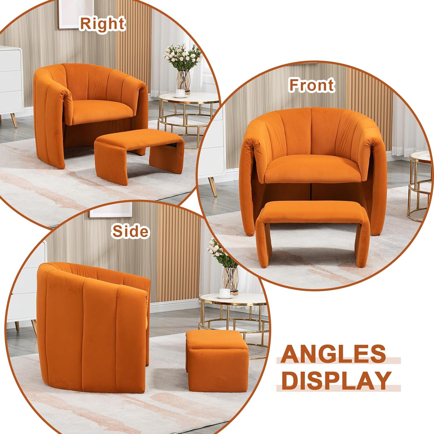 Modern Accent Chair with Ottoman, Velvet Upholstered Tufted Leisure Armchair, Single Sofa Reading Chair for Living Room, Bedroom, Office, Lounge (Orange)